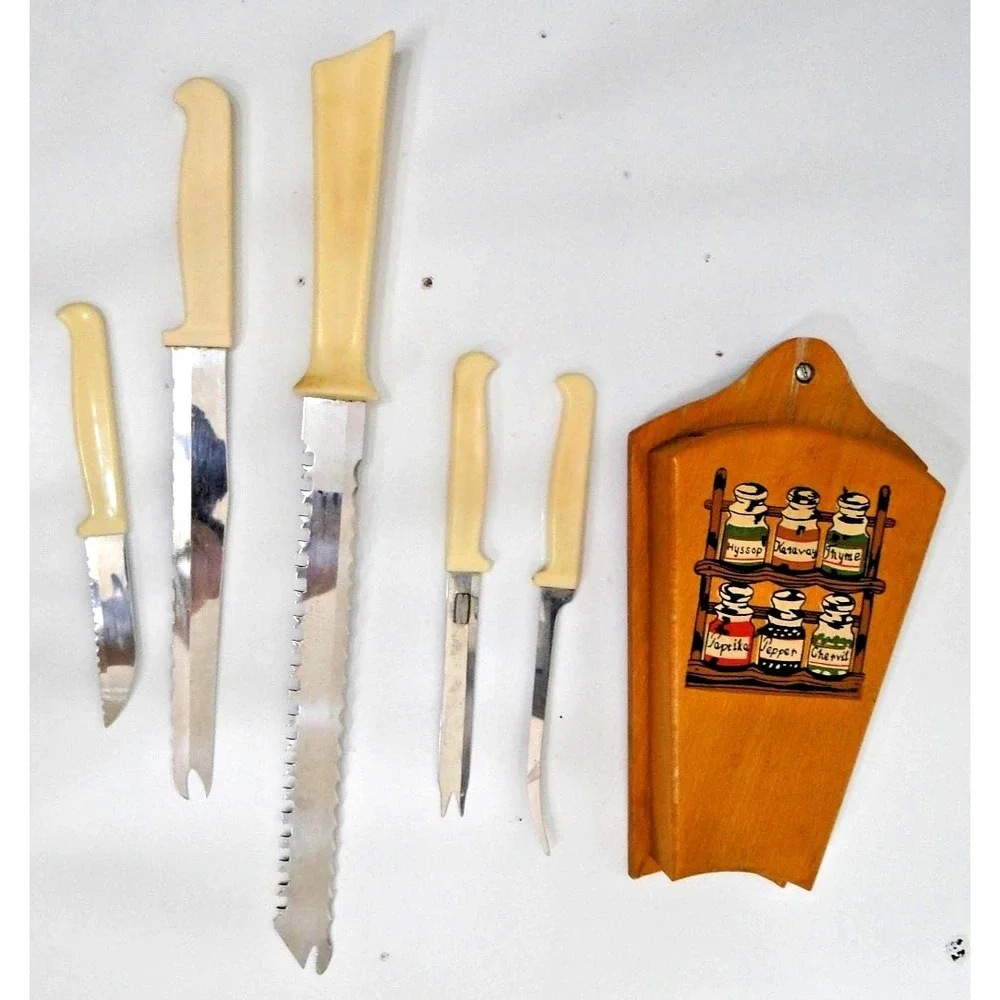 KNIFE HOLDER YUGOSLAVIA VINTAGE OLD SPICE CONTAINER DESIGN WOOD‎ WALL MOUNT